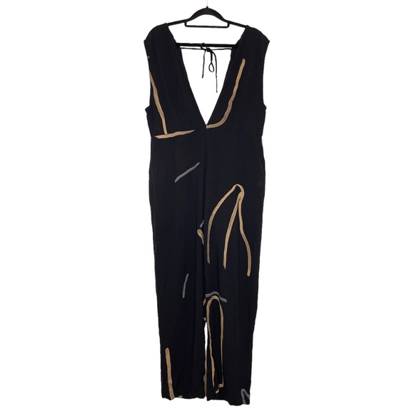 Paloma Wool Pants - Paloma Wool Black Plunge Neck Abstract Strokes Jumpsuit - Large